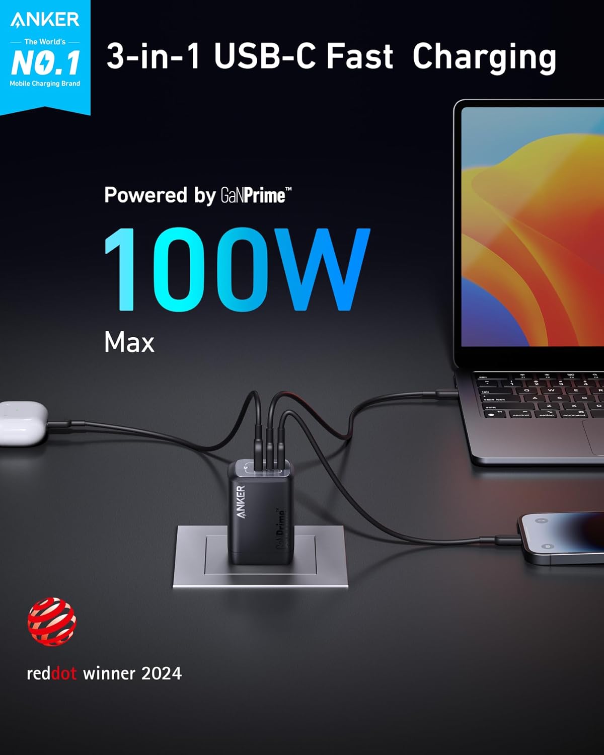 Anker Advanced 100W Triple Charging Adapter- A2145J12