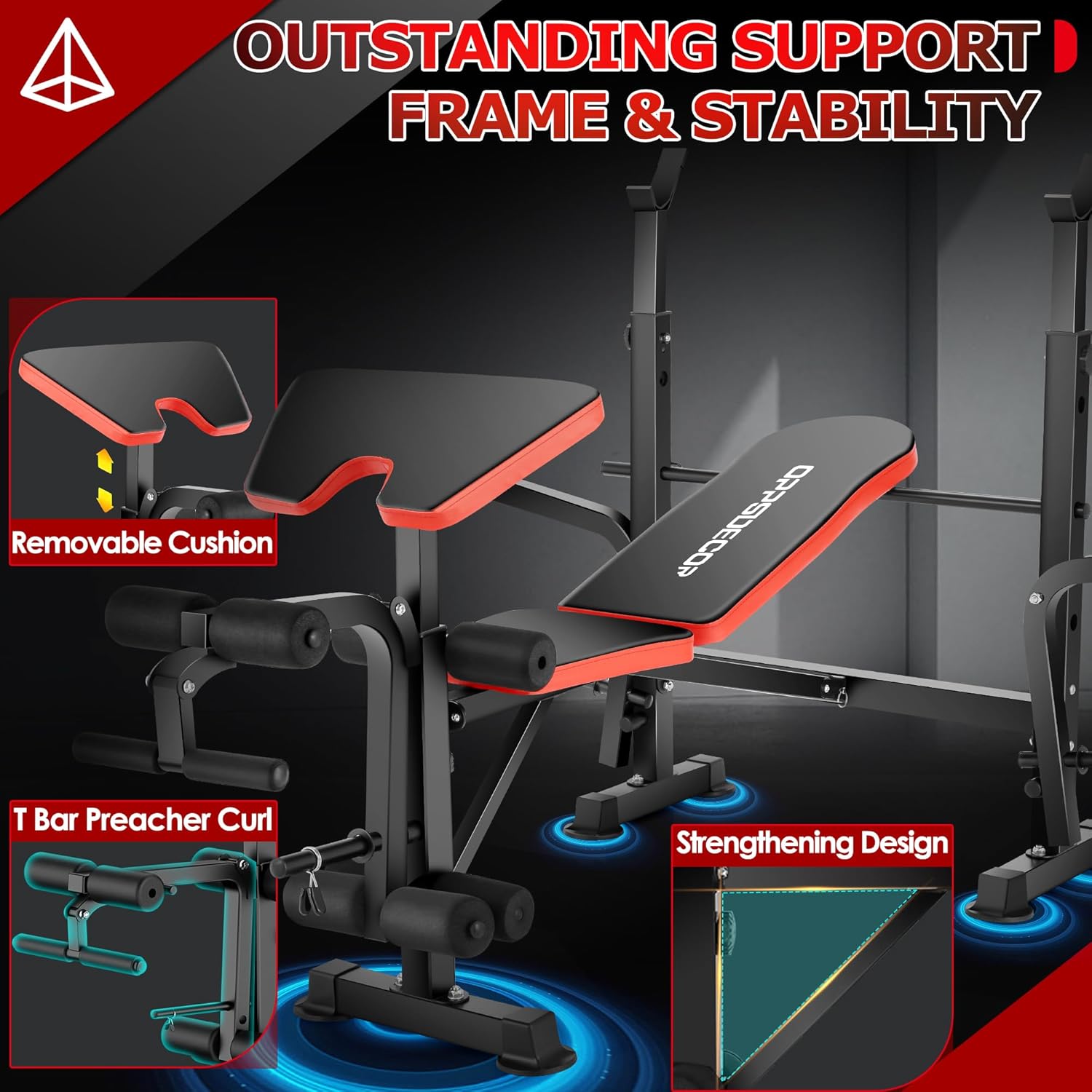 OppsDecor Weight Bench Adjustable Workout Bench Fitness Barbell Rack Strength Training for Home Gym