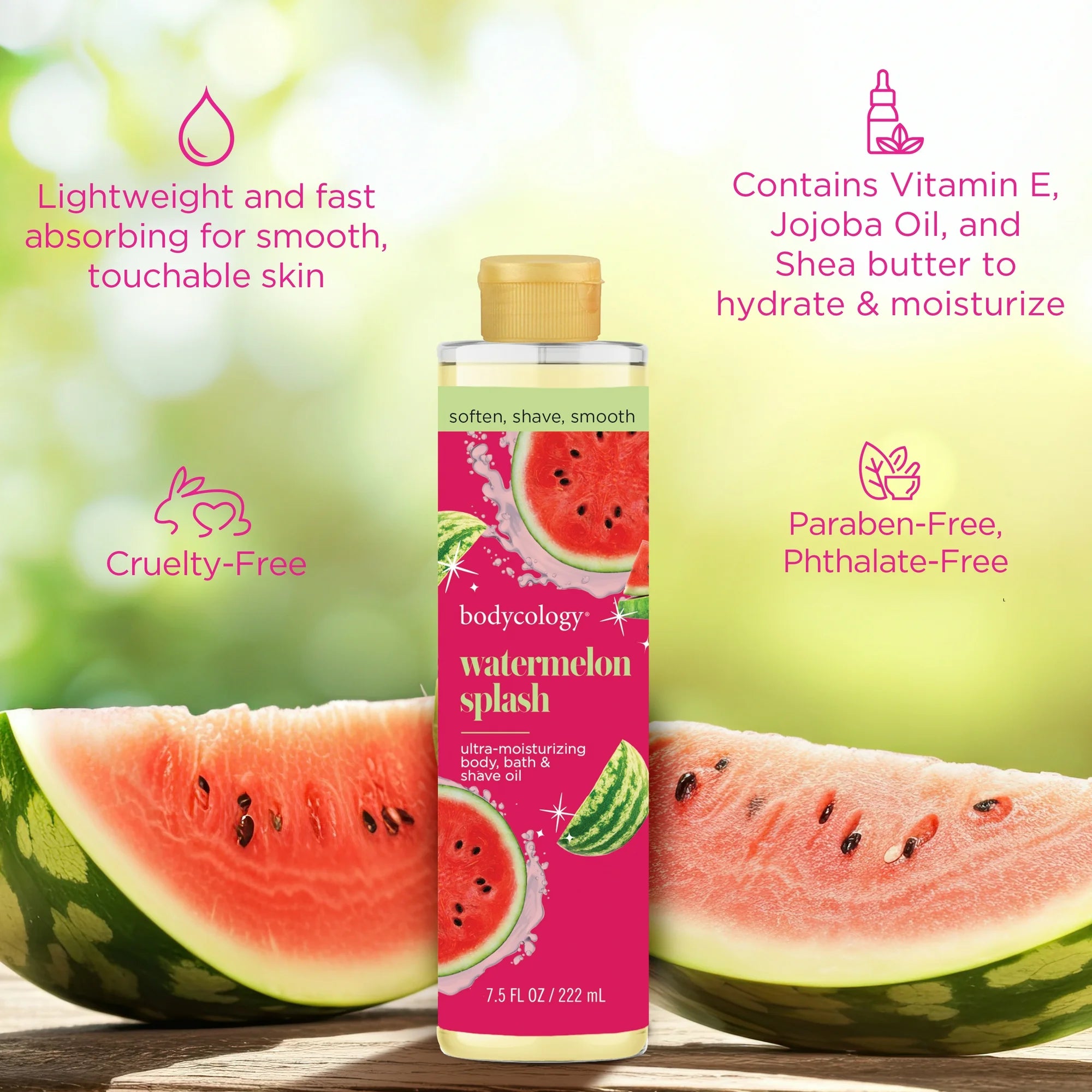 Bodycology Watermelon Ultra-Moisturizing Body, Bath & Shave Oil 7.5 fl oz – Hydrating Multi-Use Oil