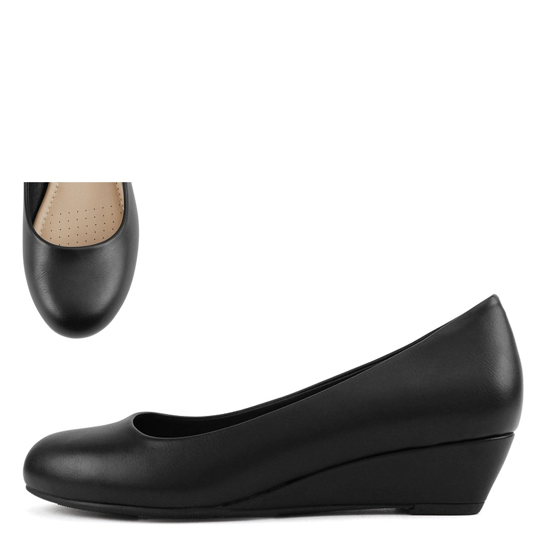 City Classified Corey Comfort Black PU Women Dress Shoe – Low Heel Slip-On Work Pumps with Cushioned Comfort