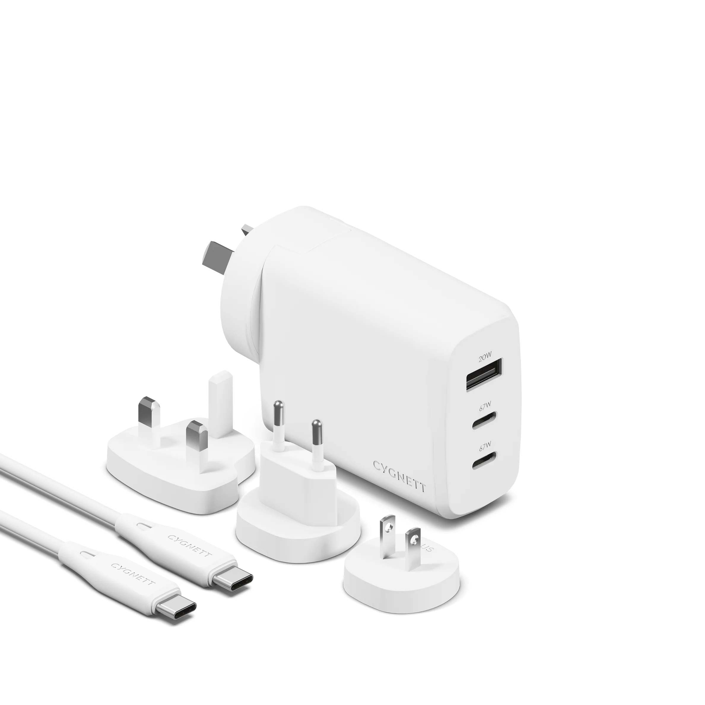 Quikcell 67W PD Multi-Port Wall Charger USB-A + Dual USB-C – Fast Charging Power Adapter White