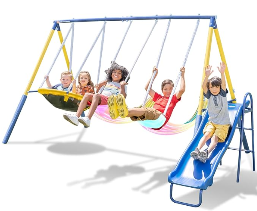 Sportspower Starlight Metal Swing Set with LED Swings, Saucer Swing, 5ft Slide, and Bonus 4pc Anchor Kit (MS-1033)