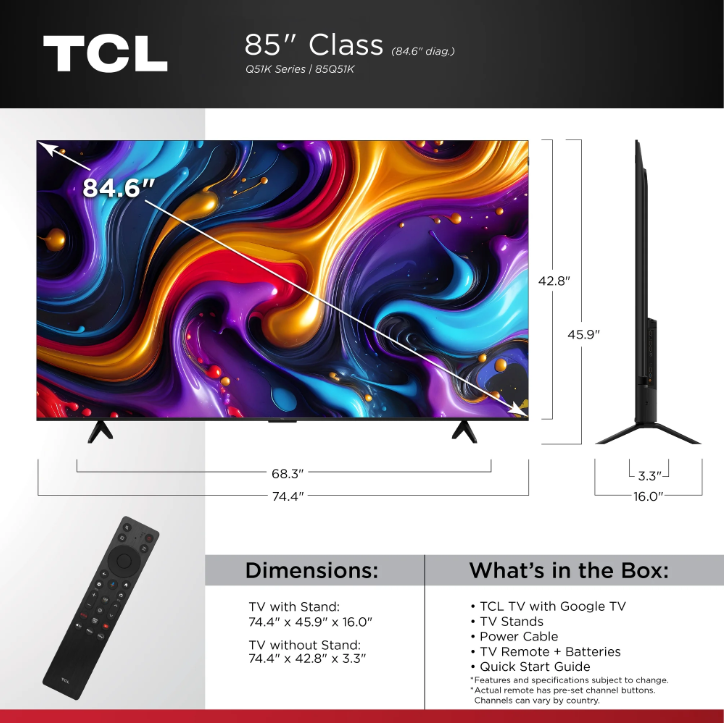TCL 85-Inch Q5K Series 4K UHD QLED Smart Google TV (2025) – Large Screen HDR Entertainment
