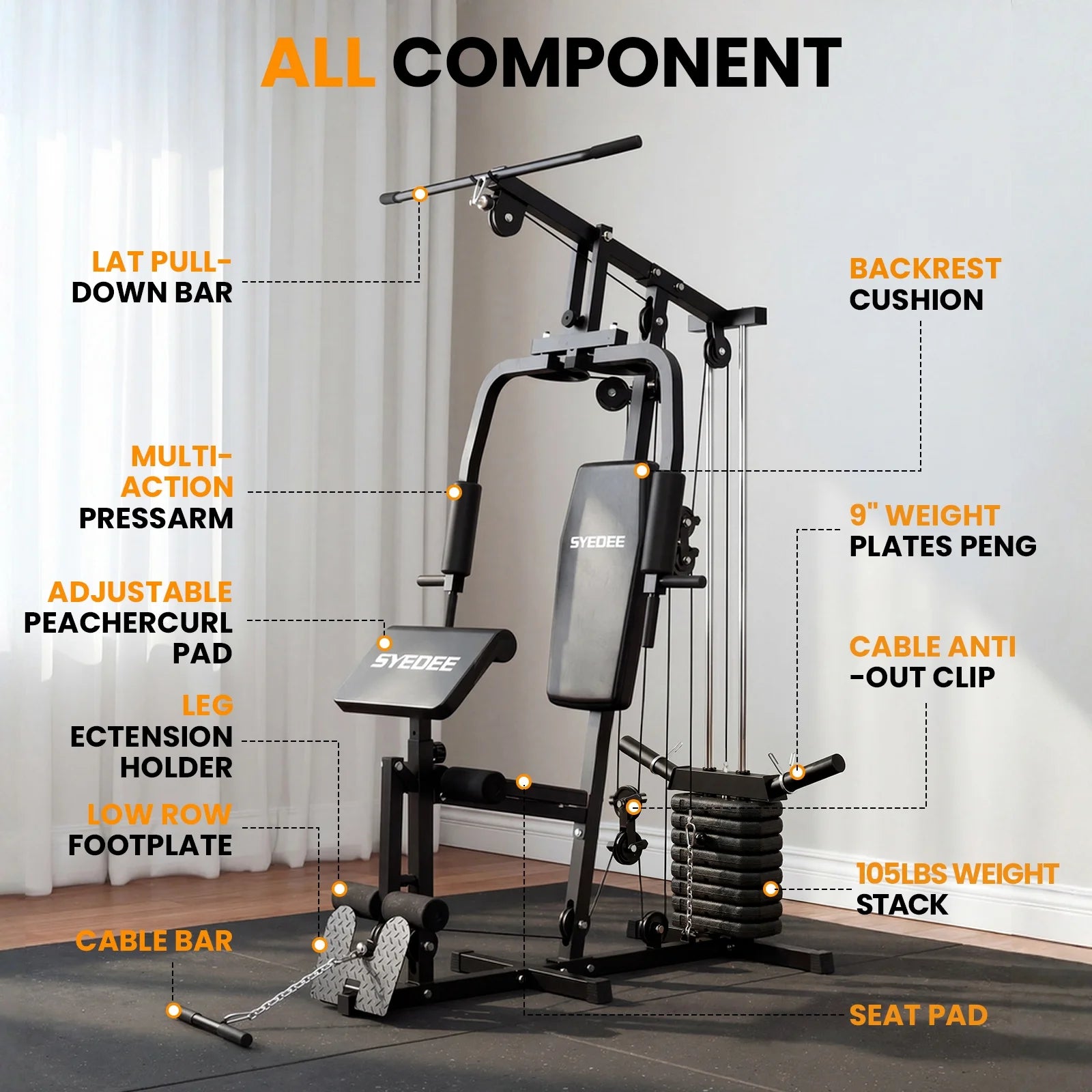 Syedee Home Gym Station, Workout Station with 105LBS Weight Stack (KF43GS03US-BWSTX-A001)