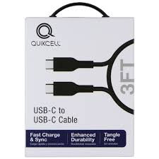 Quikcell USB-C to USB-C Charge & Sync Cable 3FT Black – Fast Charging Data Cable