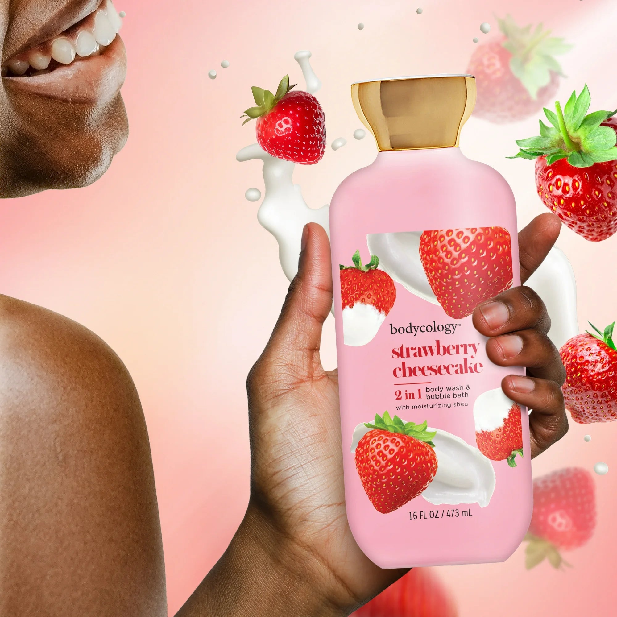 Bodycology Strawberry Cheesecake 2-in-1 Body Wash & Bubble Bath 16oz – Sweet Scented Moisturizing Cleanser