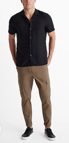 Express Linen-Blend Pocket Short Sleeve Shirt-Jet Black