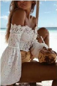 Fashion Women Bell Sleeve Off Shoulder Lace Top White