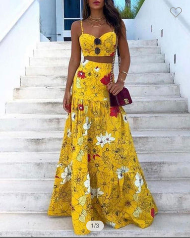 Mundefeis Women Ankle Long Dress Yellow Floral