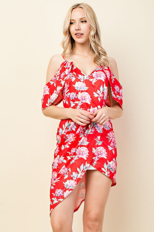 Davi & Dani Women Asymmetrical Cold-Shoulder Overlay Sleeve Floral Print Dress Red-SHW