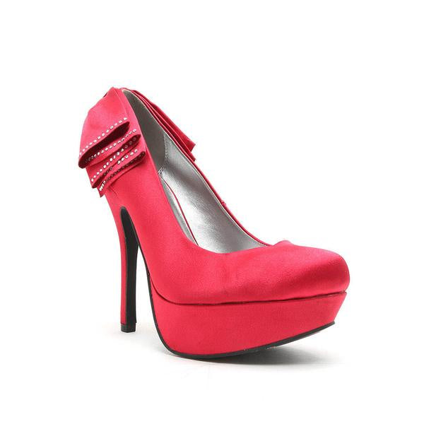 Qupid ONYX-99 Rhinestone Gem Satin Bow Platform Classic High Heel Stiletto Pump Red-SHW/SHG