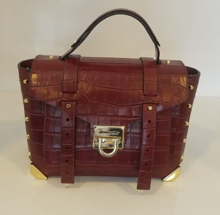 Michael Kors 30F9GNCS6E Women Manhattan Embossed Leather Satchel Brandy-GL