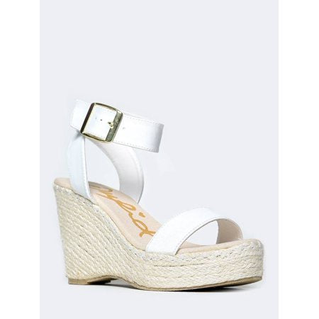Qupid Deb-03 Women Open Toe Ankle Strap Wedge Heel Shoe White Pu-SHW/SHG