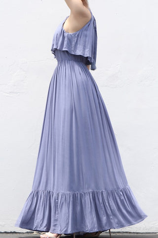 Dress Day Women Maxi Dress Ruffled Hem W/Tassel Tie Detail Indigo Blue-SHG