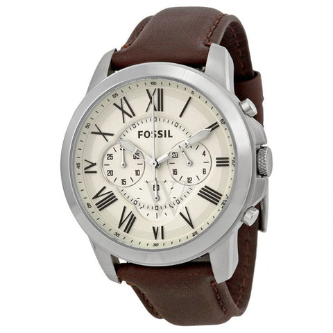 Fossil FS4735 Men Grant Chronograph Brown Leather Egg Shell Dial Watch-GL