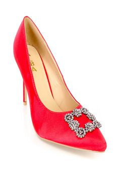 Alba Ricky-7 Women Rhinestone Brooch Decor Single Sole Pump Satin Heels Red-SHW/SHG