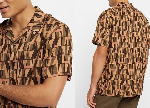 Express Geo Print Rayon Short Sleeve Shirt-New Olive Brown