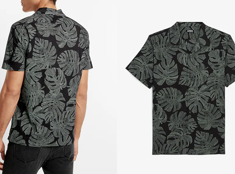 Express Leaf Print Stretch Cotton Short Sleeve Shirt-Jet Black