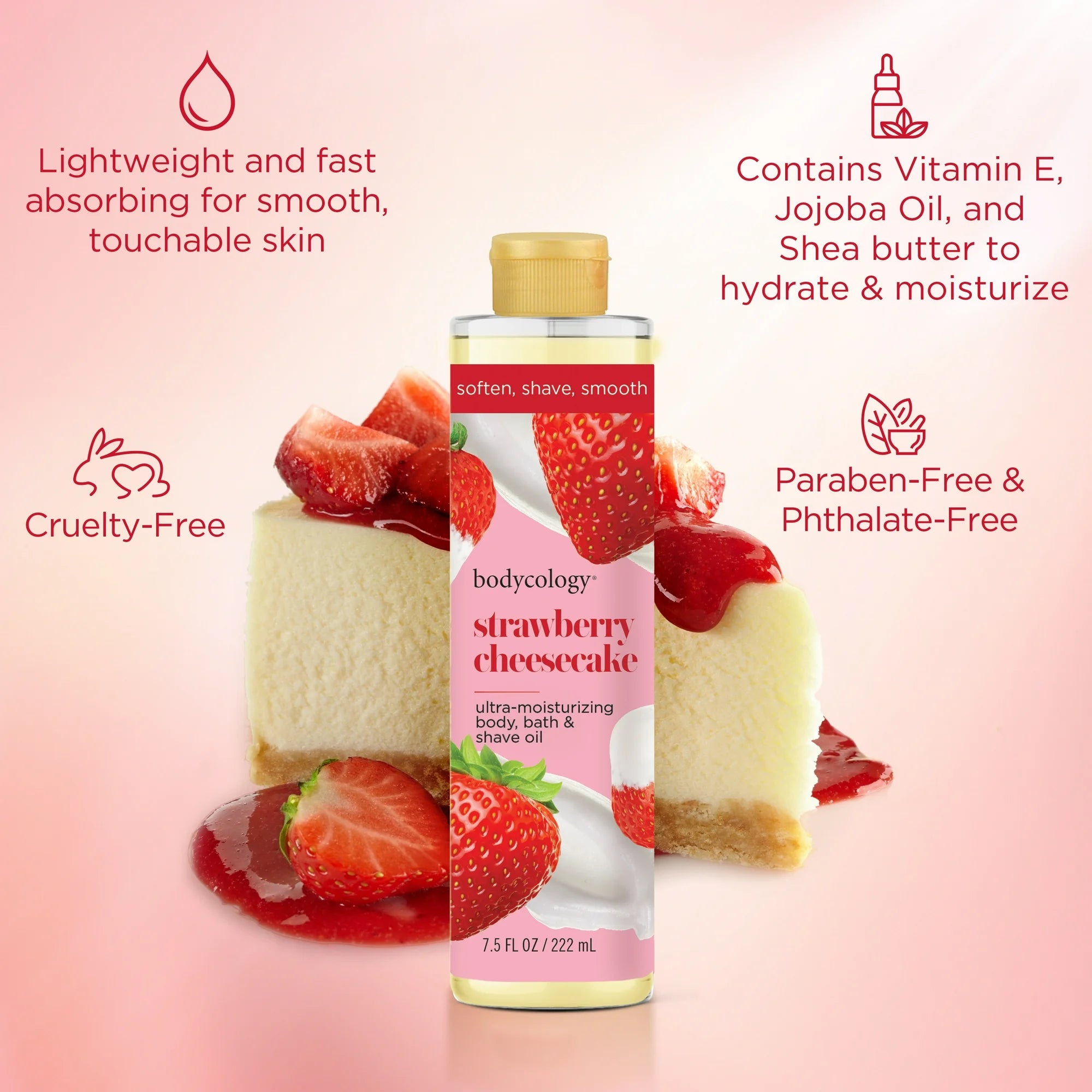 Bodycology Ultra-Moisturizing Body, Bath & Shave Oil, Strawberry Cheesecake, 7.5 fl oz