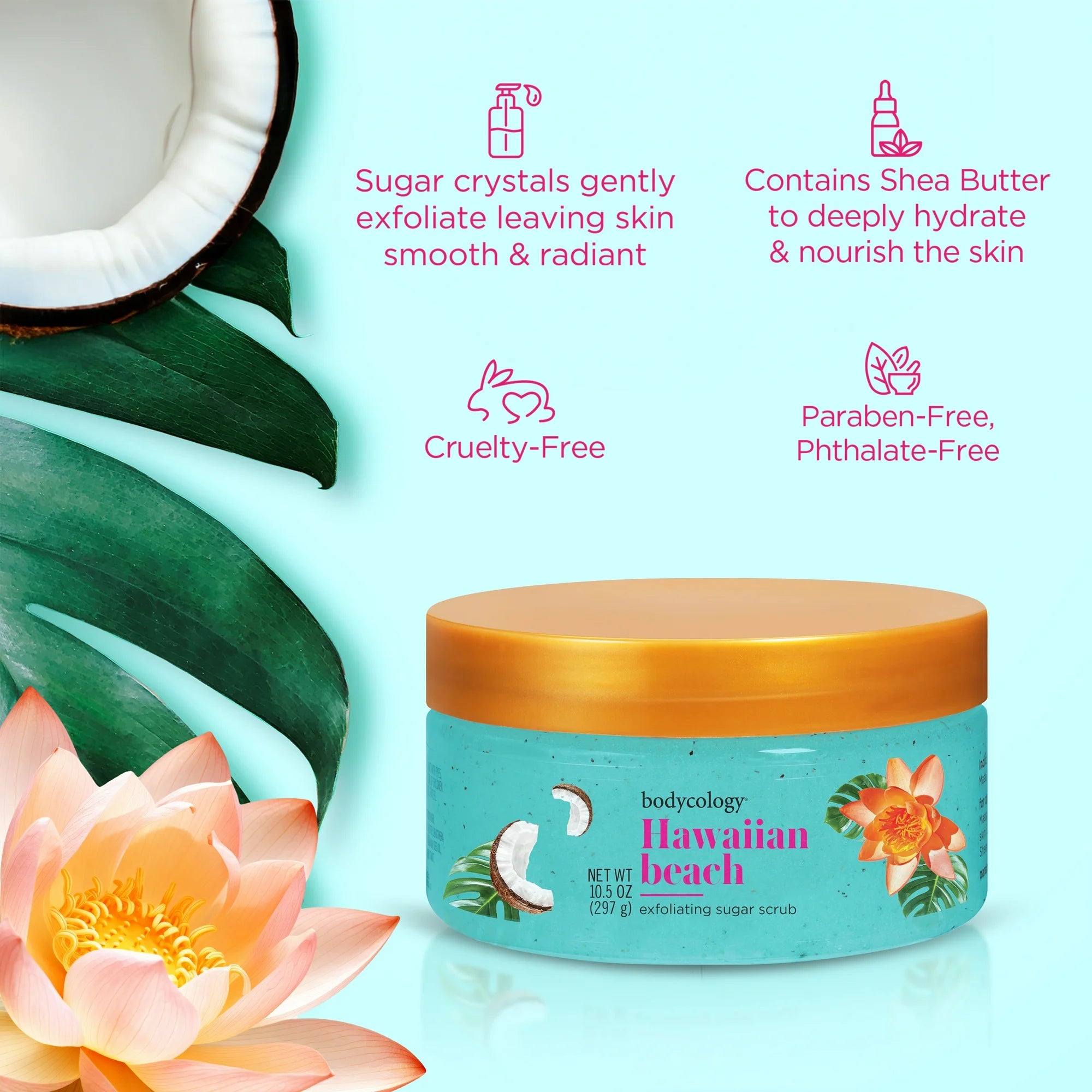 Bodycology Hawaiian Beach Sugar Scrub 10.5oz – Exfoliating Body Scrub for Smooth Glowing Skin