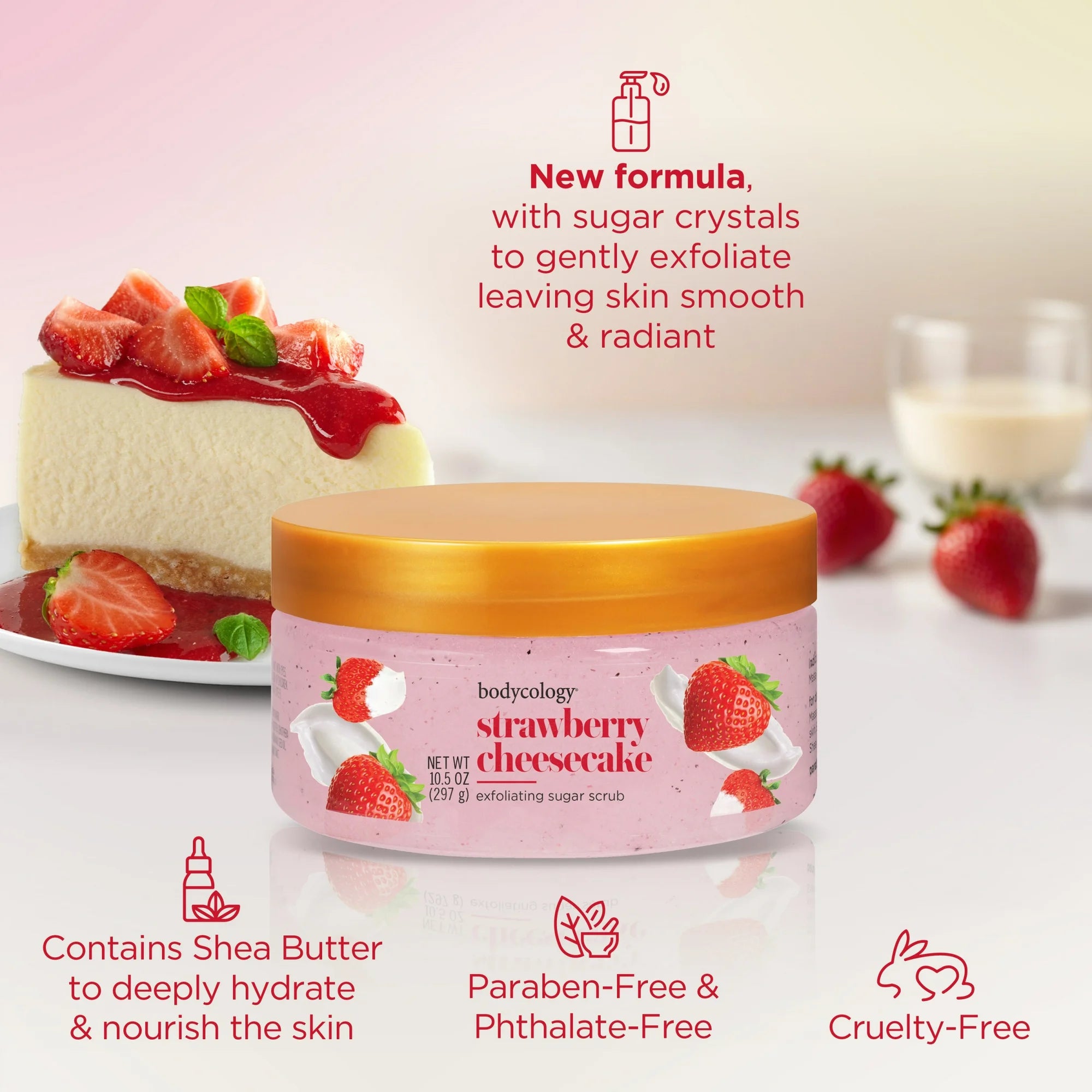 Bodycology Strawberry Cheesecake Sugar Scrub 10.5oz – Exfoliating Body Scrub for Soft Smooth Skin