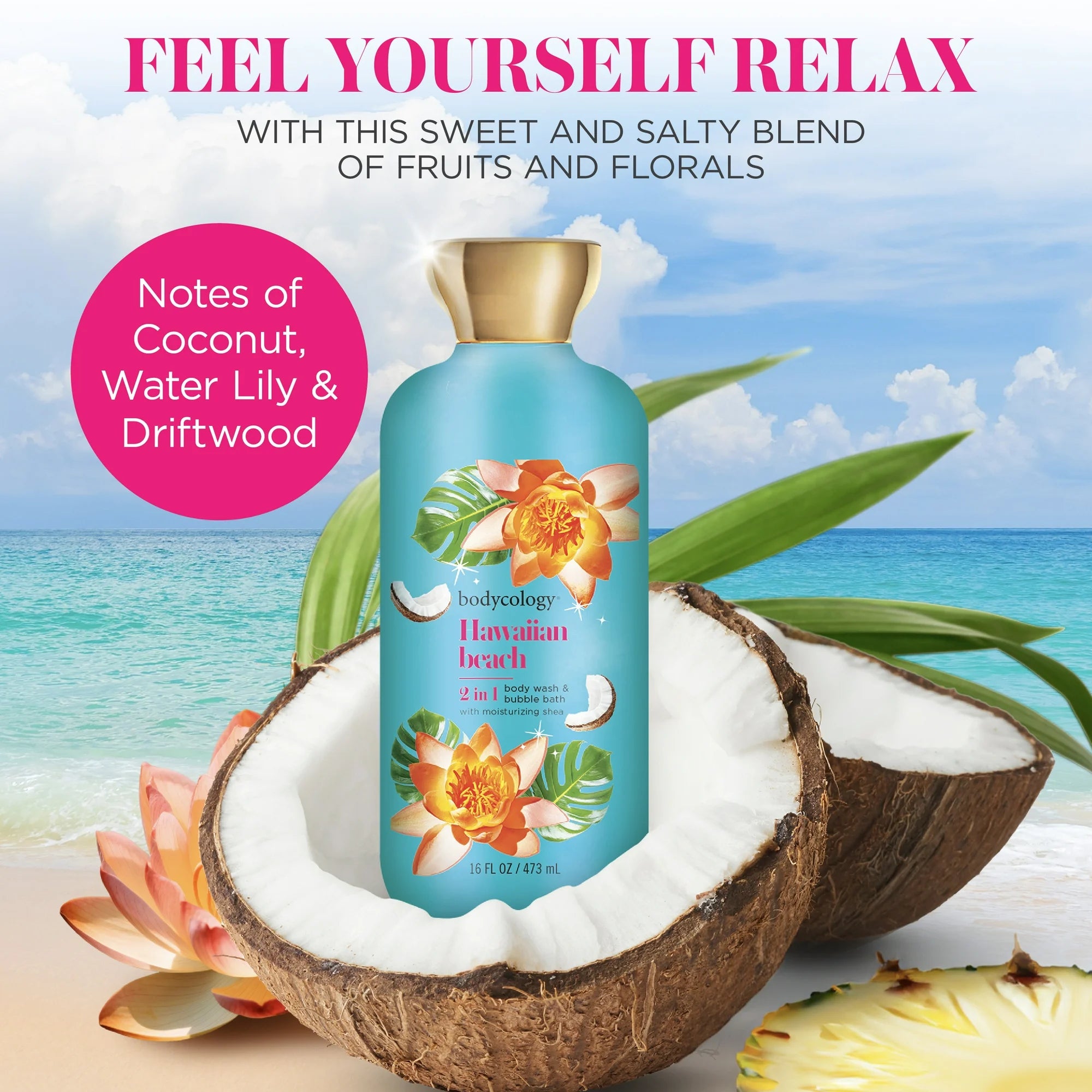 Bodycology 2 in 1 Body Wash & Bubble Bath, Hawaiian Beach 16oz