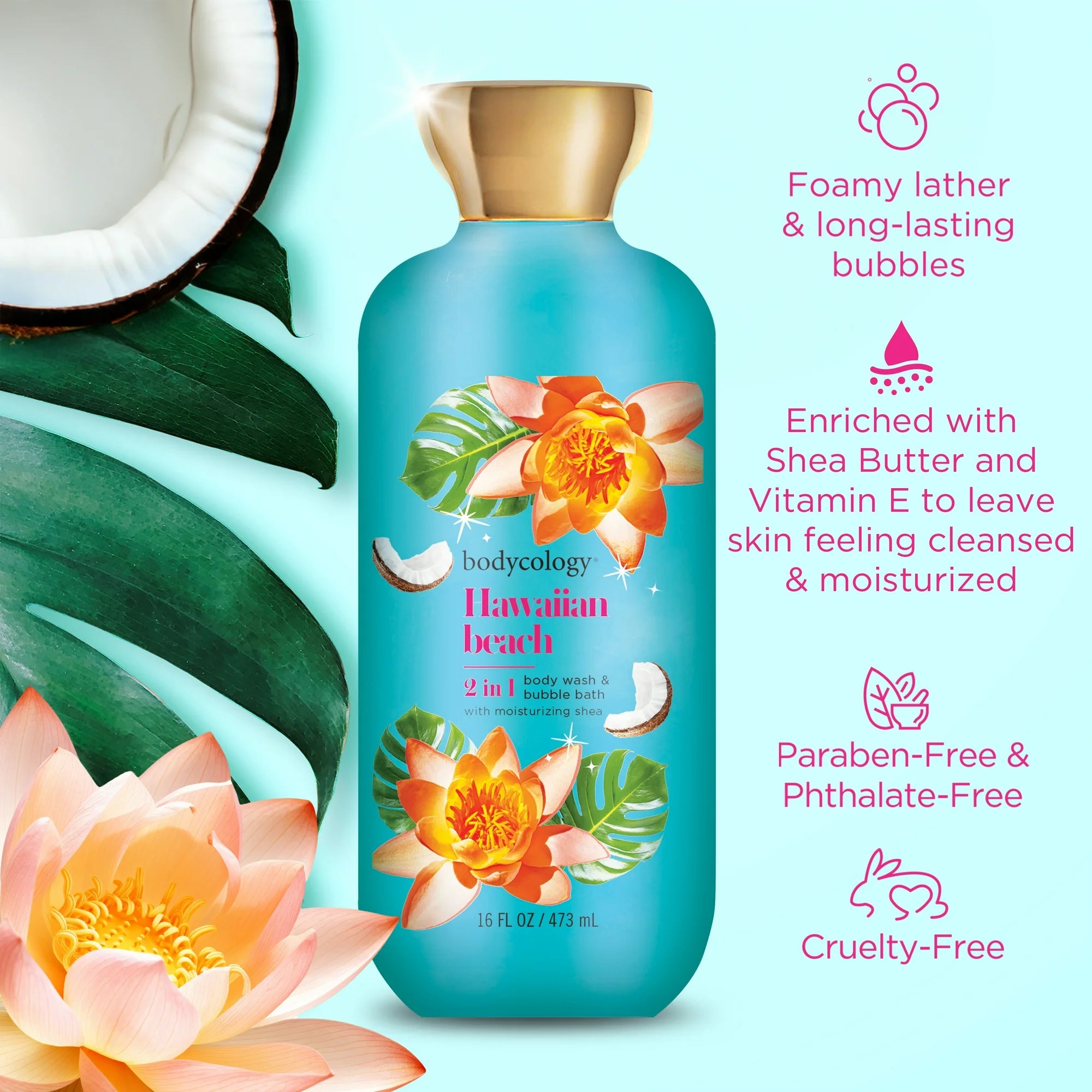 Bodycology 2 in 1 Body Wash & Bubble Bath, Hawaiian Beach 16oz