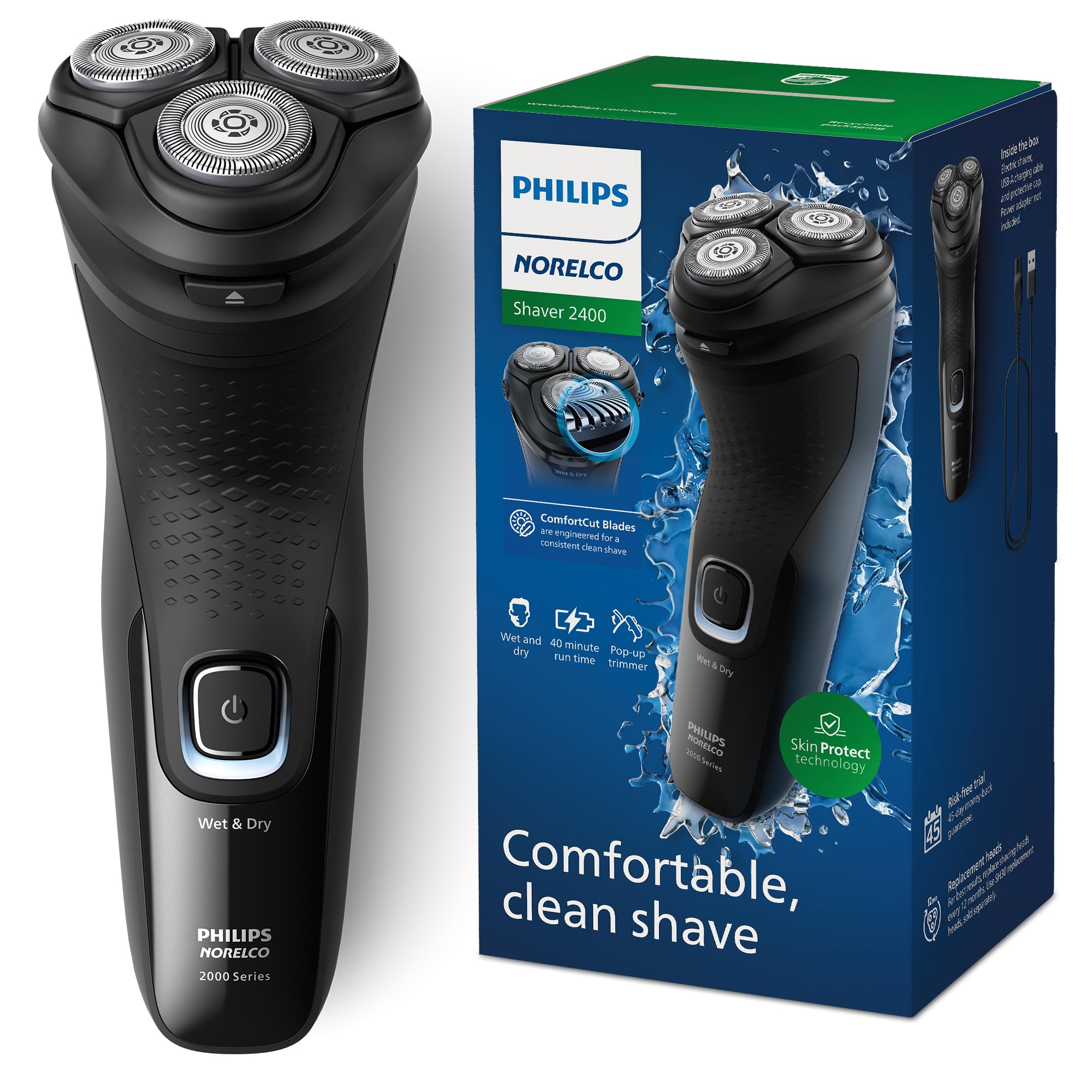 Philips Norelco Shaver 2400 Series Wet & Dry Electric Shaver X3001/90 – Cordless Rotary Shaver with ComfortCut Blades & Pop-Up Trimmer