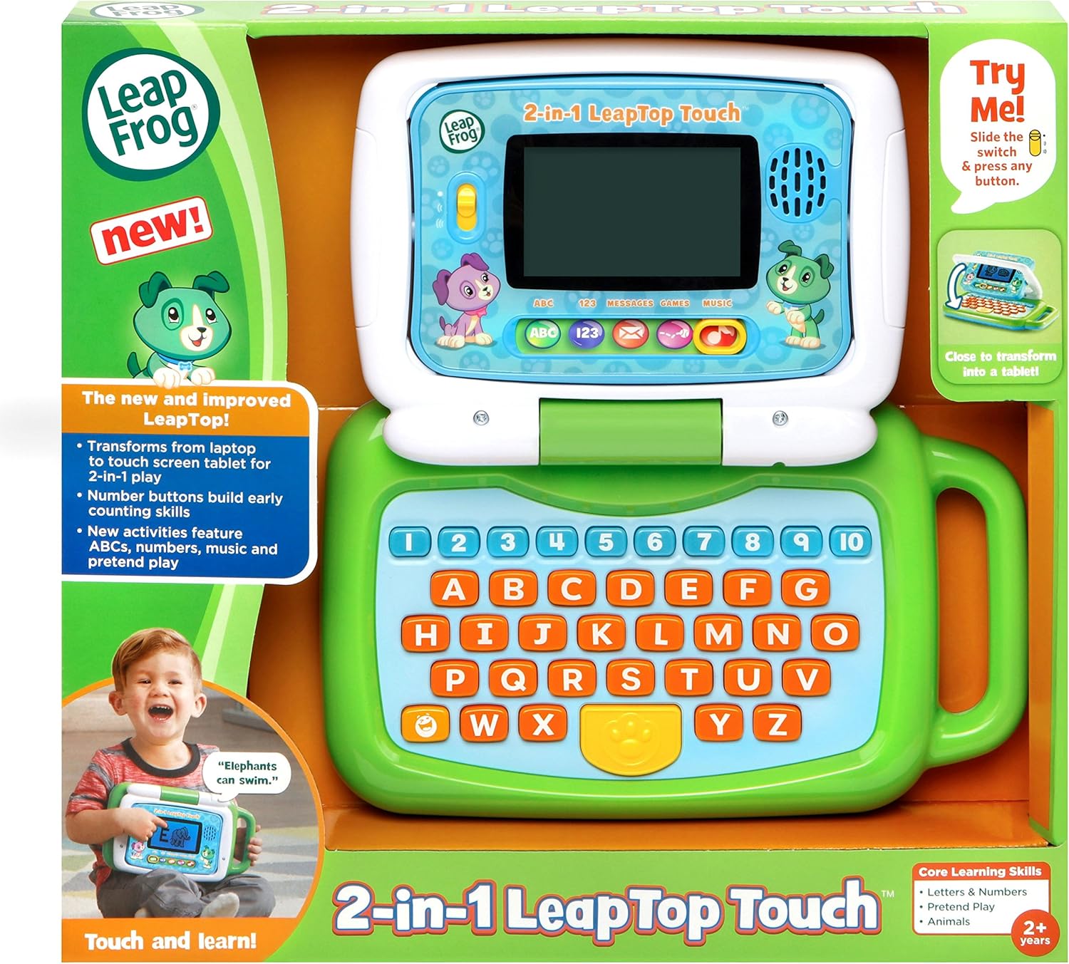 LeapFrog 2-in-1 LeapTop Touch Green/White – Interactive Learning Laptop for Toddlers Age 2+