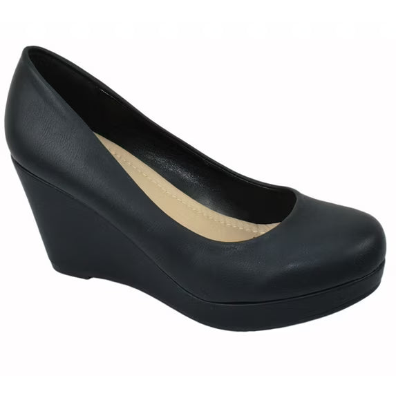 City Classified Corey Comfort Black PU Women Dress Shoe – Low Heel Slip-On Work Pumps with Cushioned Comfort
