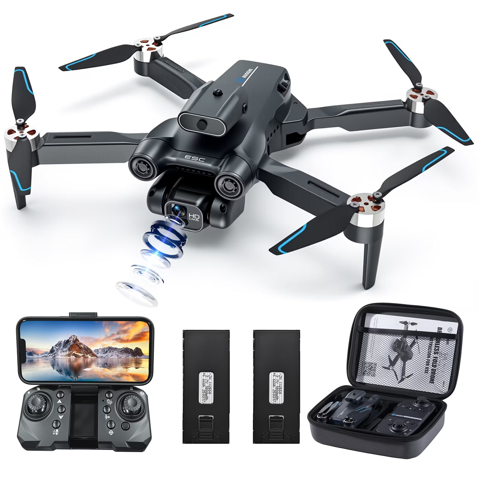 AUOSHI 4K FPV Drone with Dual Camera & Brushless Motor – RC Quadcopter with 2 Batteries, Optical Flow, Gesture Control & Carrying Case