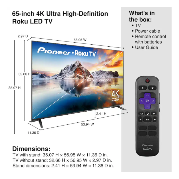 Pioneer 65-Inch LED 4K UHD Roku Smart TV – Ultra HD Streaming TV with Roku Built-In