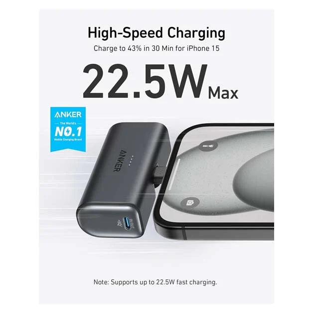 Anker Nano 5000mAh 22.5W Black Power Bank with Built-in USB-C Connector- A1653H11-1