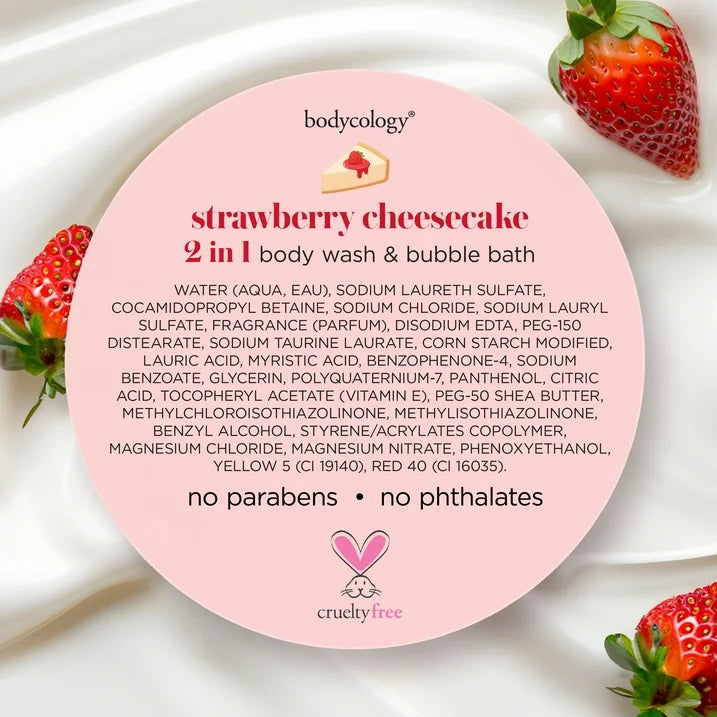 Bodycology Strawberry Cheesecake 2-in-1 Body Wash & Bubble Bath 16oz – Sweet Scented Moisturizing Cleanser