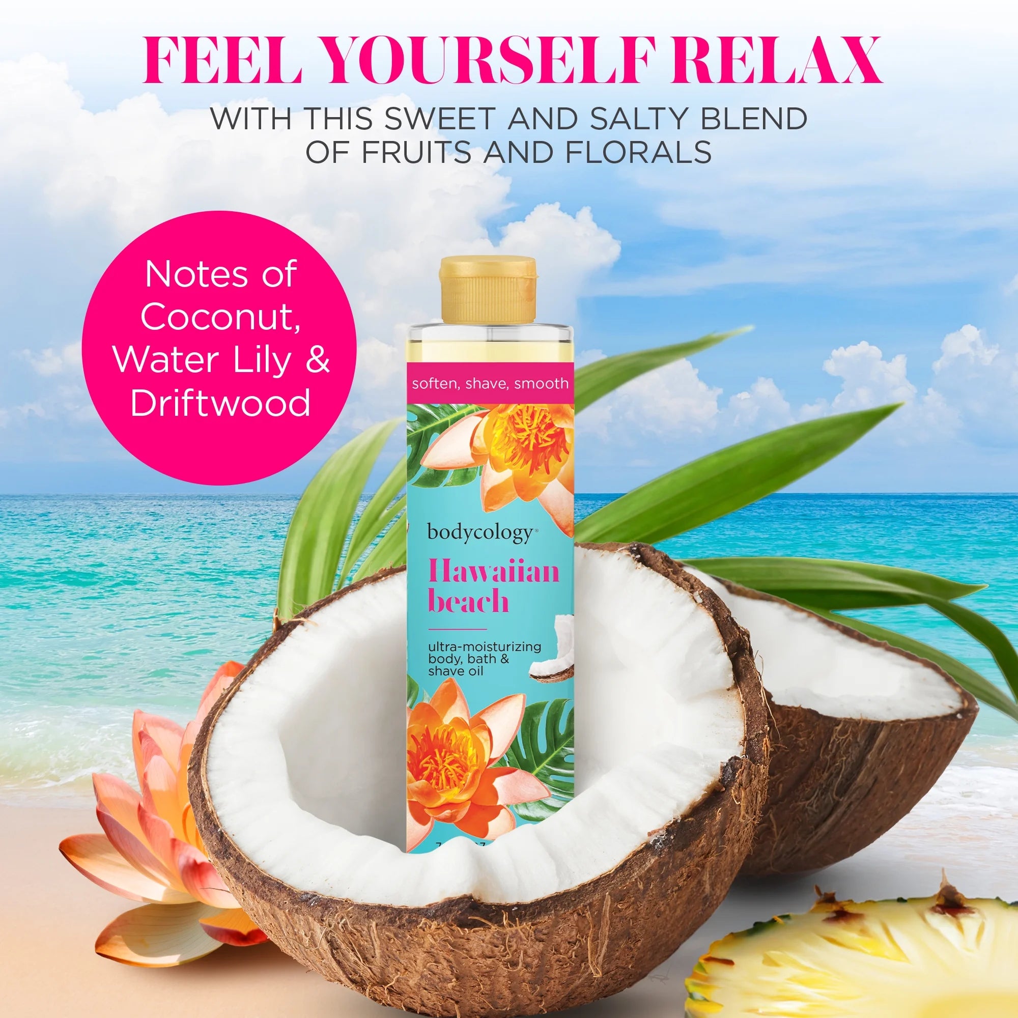 Bodycology Ultra Moisturizing Body, Bath & Shave Oil, Hawaiian Beach, 7.5 fl oz