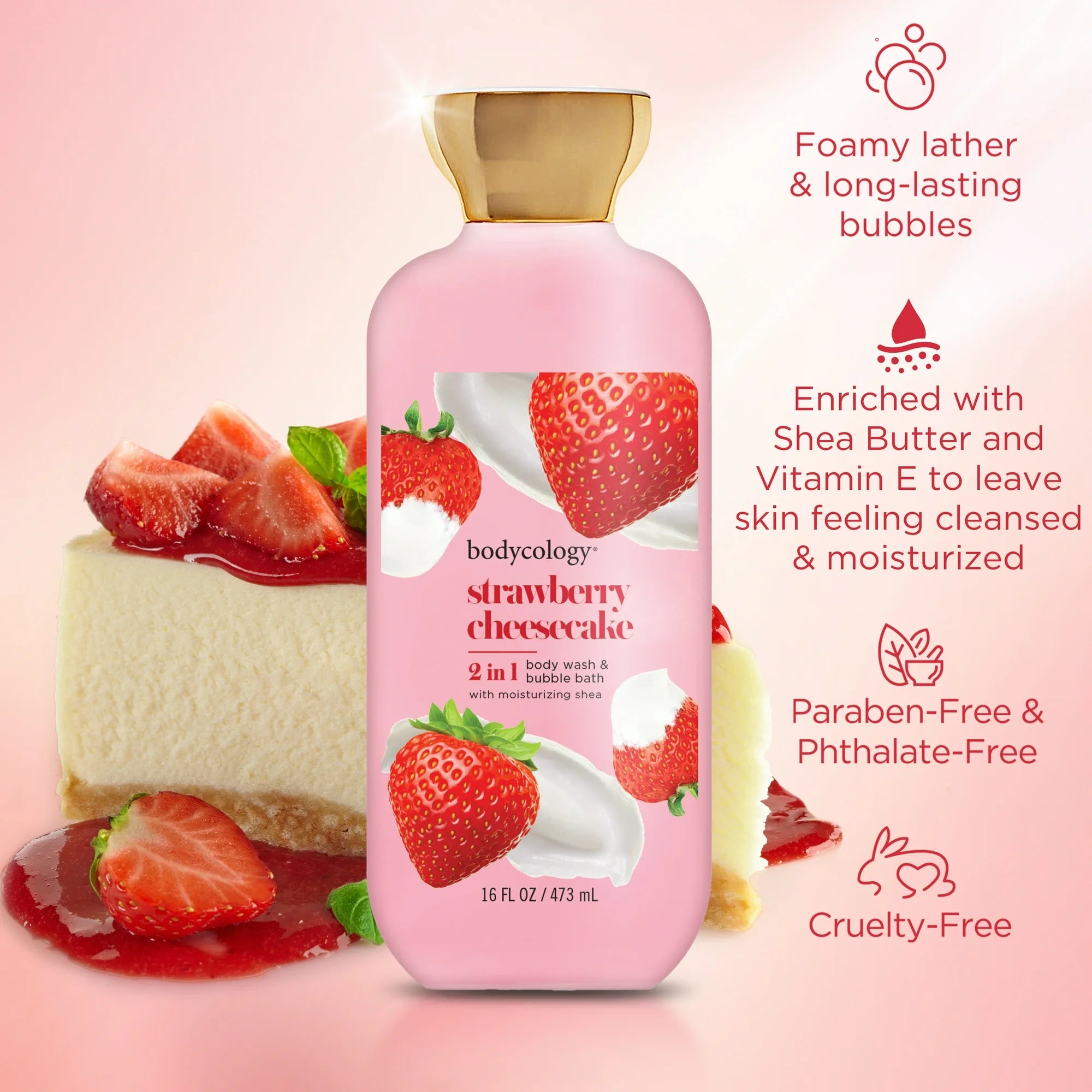 Bodycology Strawberry Cheesecake 2-in-1 Body Wash & Bubble Bath 16oz – Sweet Scented Moisturizing Cleanser