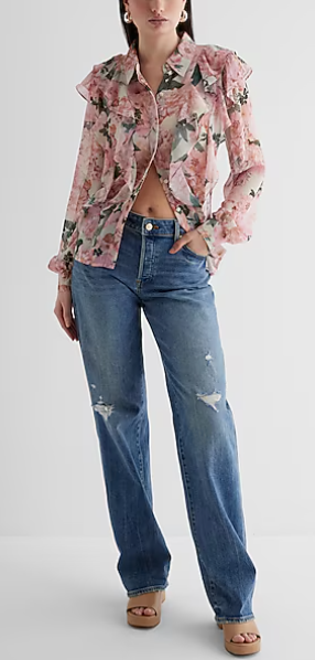 Express Relaxed Floral Ruffle Front Portofino Shirt-Pink Print