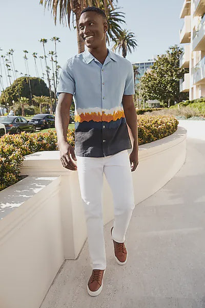 Express Slim Painted Border Linen Short Sleeve Shirt-Navy