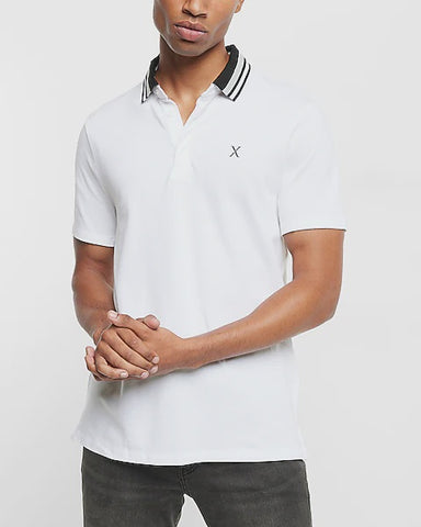 Express 05049316-0010 Tipped Flat Knit Luxe Pique Polo-White