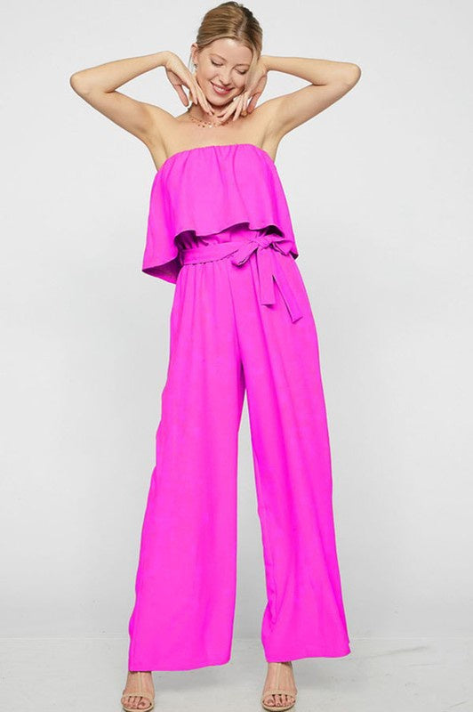 Bibi Women Strapless Neckline Ruffle Layer Ribbon Tie Waist Ruffle Jumpsuit Fuchsia-SHW