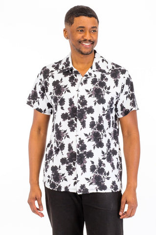 Weiv Men Floral Print Short Sleeve Woven Shirt Black-SHW