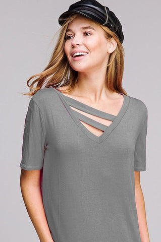 Bibi V-Neck Knit Jersey Top With Double Strap Neck Charcoal-SHW