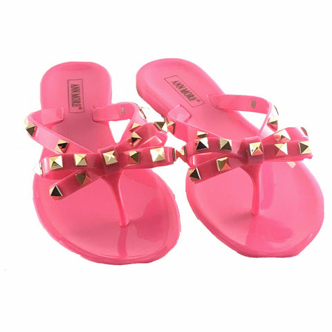 Ann More Barcelona Women Bow Rivet Stud Rock Jelly Flip Flop Sandal Neon Fuchsia