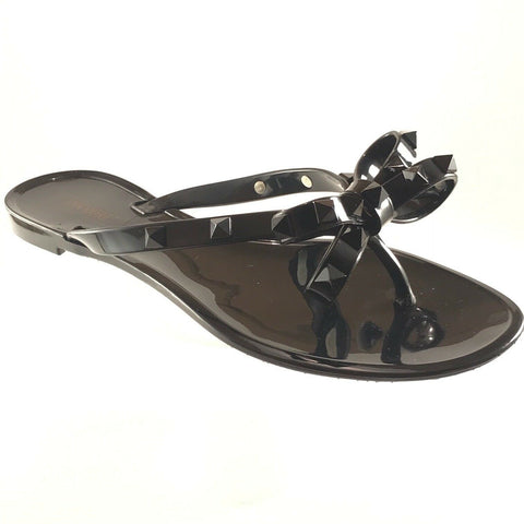 Ann More Barcelona Women Bow Rivet Stud Rock Jelly Flip Flop Sandal Black