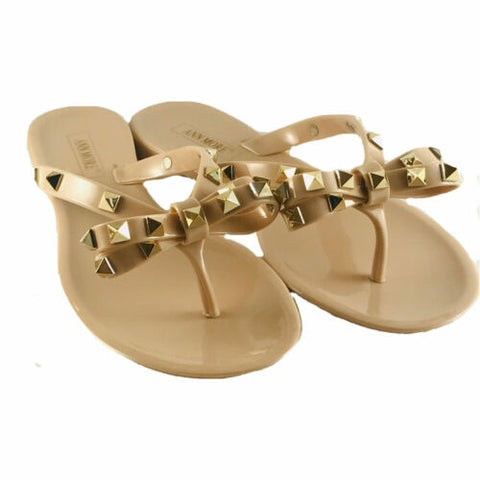 Ann More Barcelona Women Bow Rivet Stud Rock Jelly Flip Flop Sandal Beige