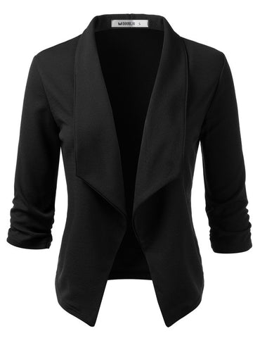 Double Ju Women Casual Work 3/4 Sleeve Open Front Blazer Jacket Black-GL