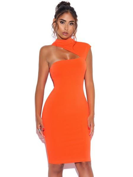 Miss Circle Women Jolene Orange Asymmetric Neck Cutout Detail Stretch Crepe Dress-SHW
