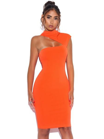 Miss Circle Women Jolene Orange Asymmetric Neck Cutout Detail Stretch Crepe Dress-SHW