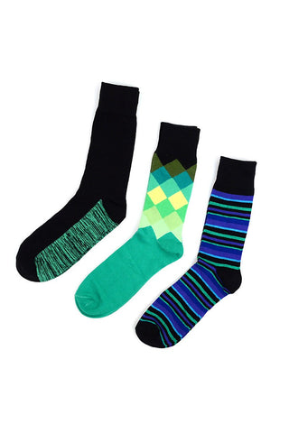 Parquet 3 Pairs Men Multi Colored Socks Striped Gift Box Turquoise-MT/GL/SHG/SHW