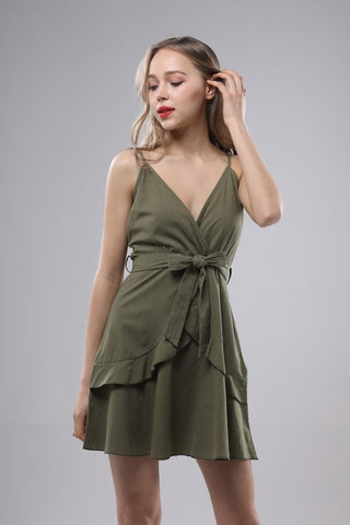 Ethan N Joy Women Solid Ruffle Mini Dress With Tie Belt Design Olive-SHG